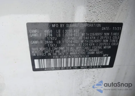 2022 Subaru Outback Premium z USA, uszkodzony, nr VIN 4S4BTACC3N3165246